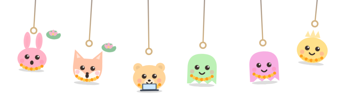 Six Charmpond danglers on thin strings: a pink bunny and a peach fox with little lily pads beside them, a honey bear with a tiny laptop, a green ghost, a pink ghost and a yellow chick wearing a crown, each with a marigold garland.