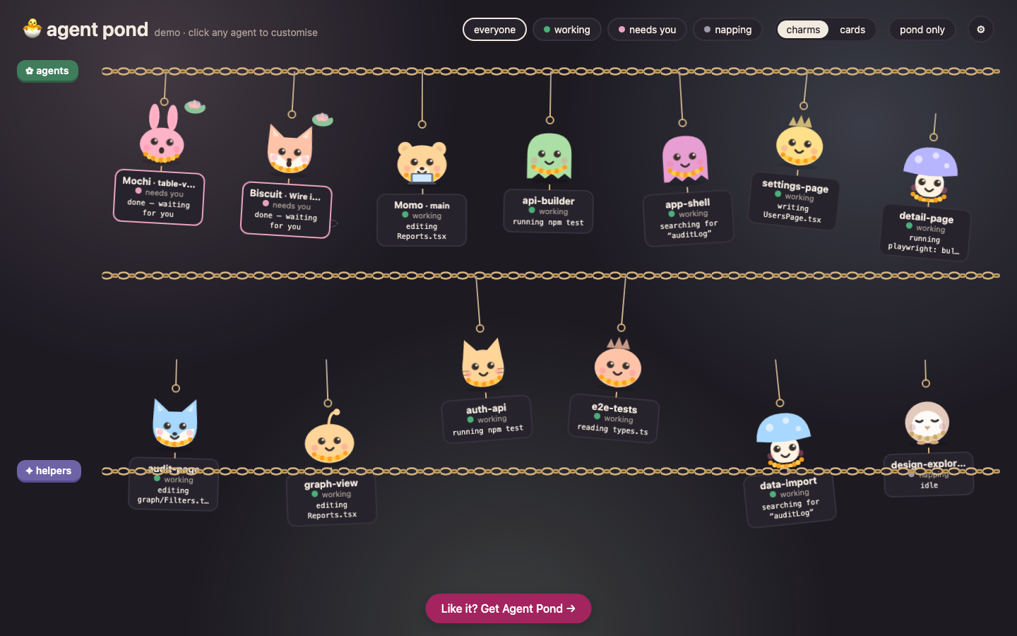 The Charmpond page in demo mode: critters hang on two chains, main agents above and helpers below. Tags say working, needs you or napping, with steps like running npm test or editing Reports.tsx.